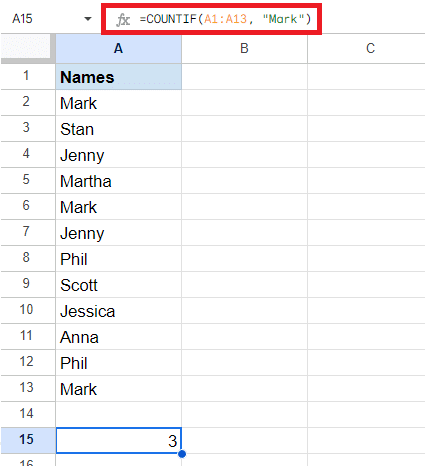 COUNTIF formula to count cells with specific text in Google Sheets