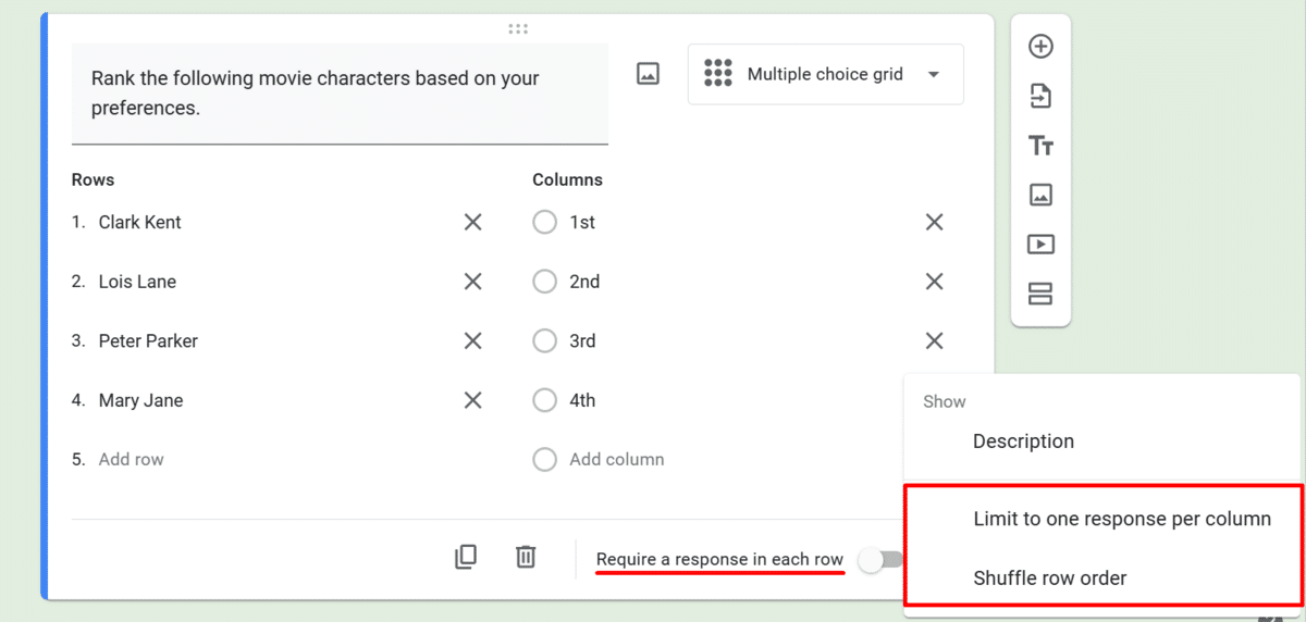 Additional settings for multiple choice grid questions