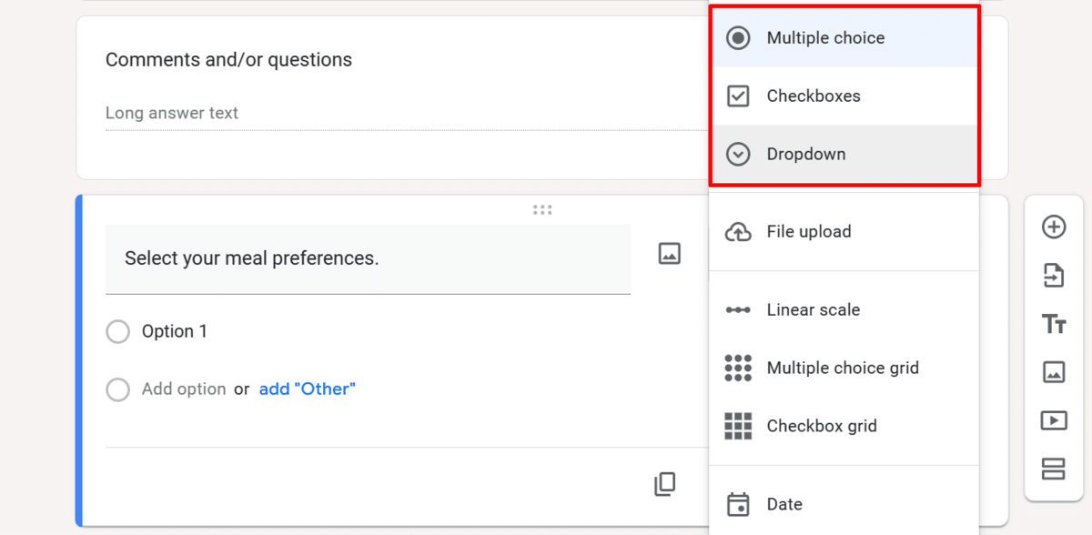 Choosing a multi-choice question type in Google Forms