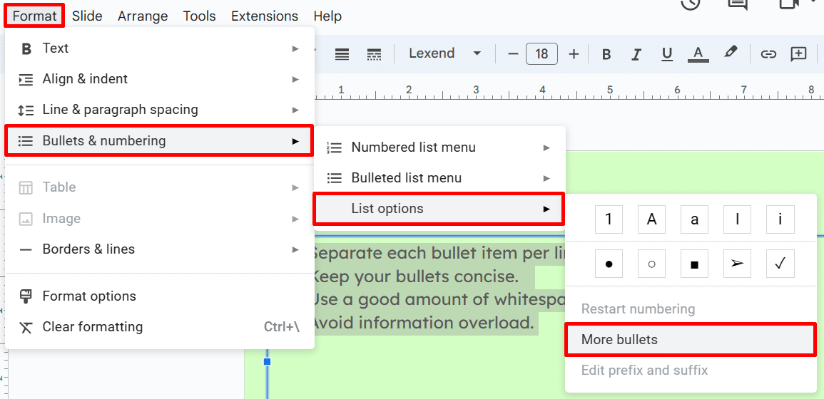 Where to find more bullet point options in Google Slides