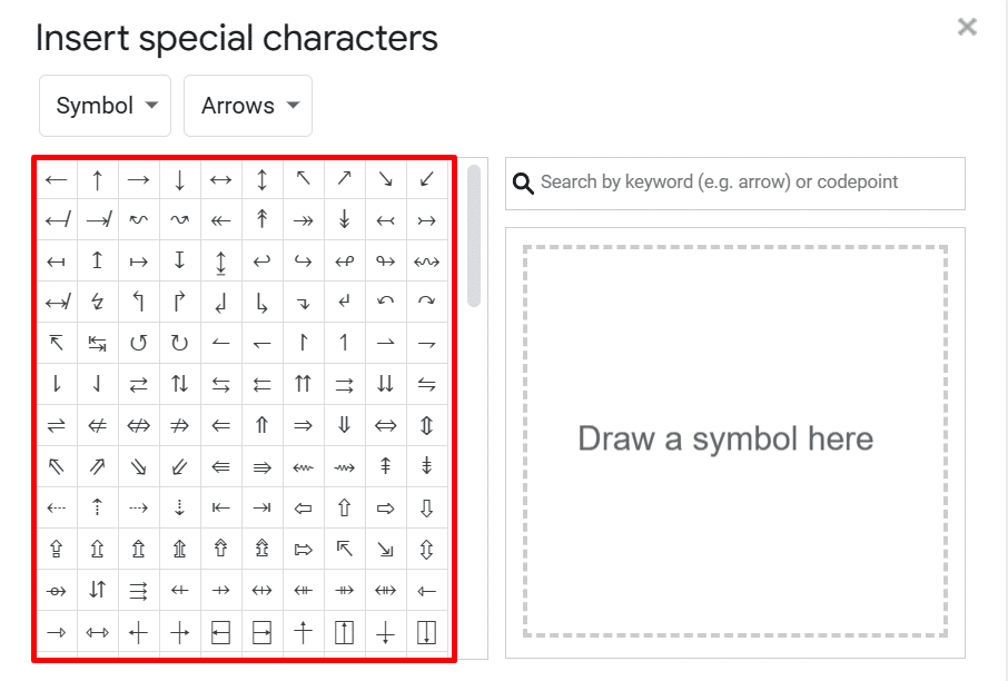 Inserting different arrow symbols in Google Docs