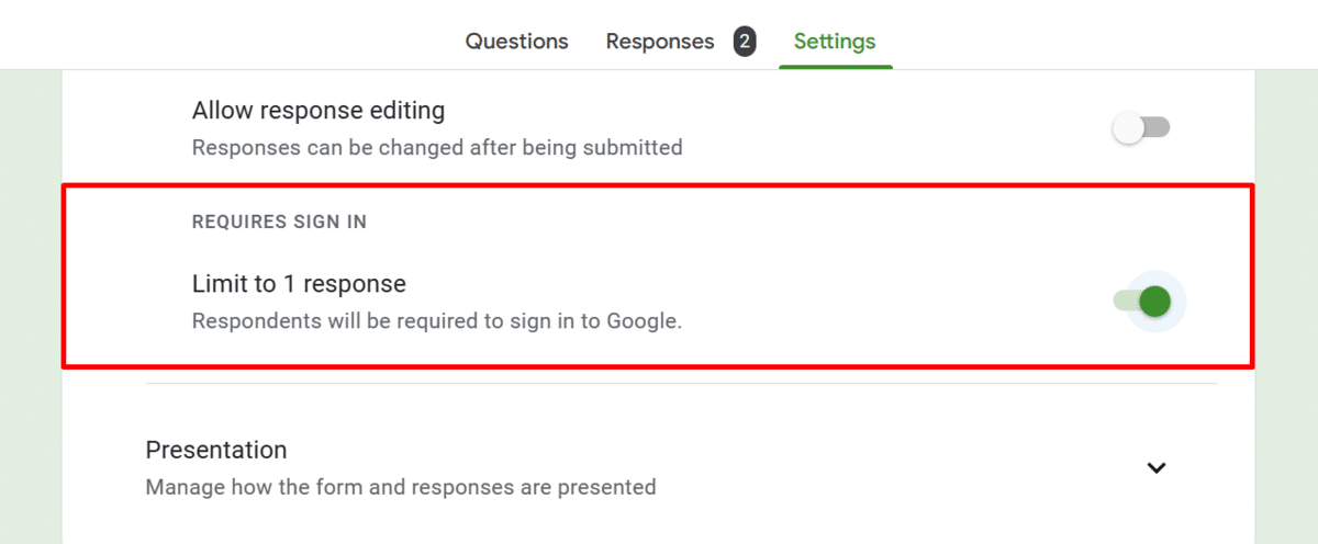 Toggling on the "Limit to 1 response" option