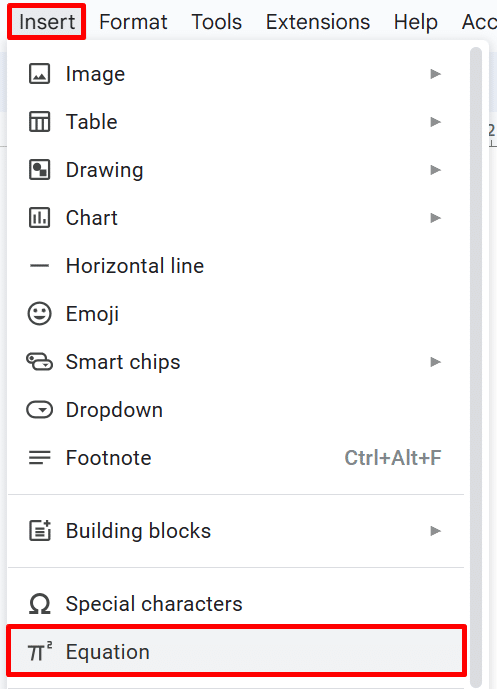 How to double underline in Google Docs—where to find the equation option in the insert menu