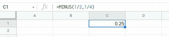 Subtracting fractions in Google Sheets.