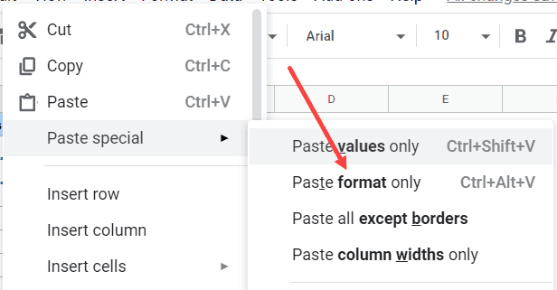 Paste Format Only to copy indent format in Google Sheets