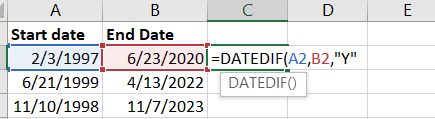 An example of the complete the formula to calculate age between two dates