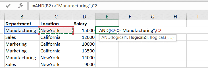 Selecting the cell for the second condition using the AND function