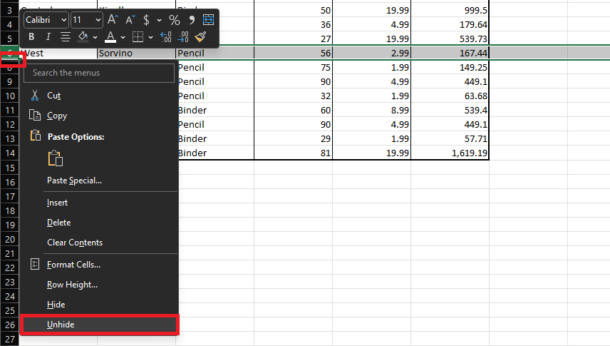 Unhide button in Excel spreadsheet