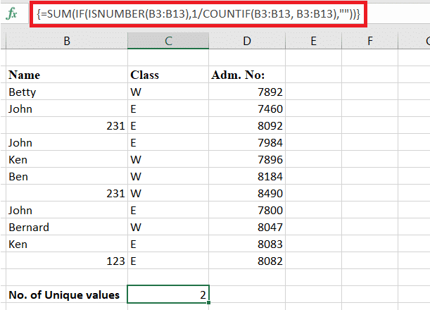 Results for the number of unique number values in the specified range