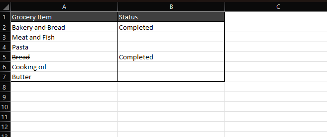 Example of using strikethrough in conditional formatting