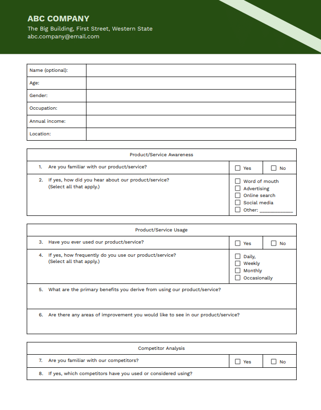 Questionnaire template—Preview of market research survey questionnaire