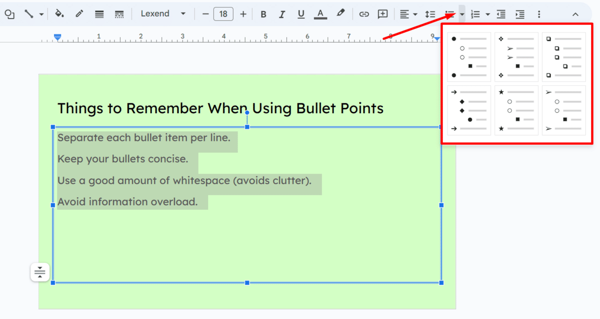 Six presets bulleted list in Google Slides