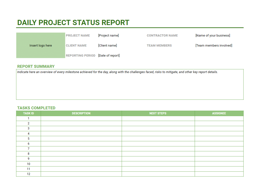 Project status report template—Preview of a daily status report template in Google Sheets