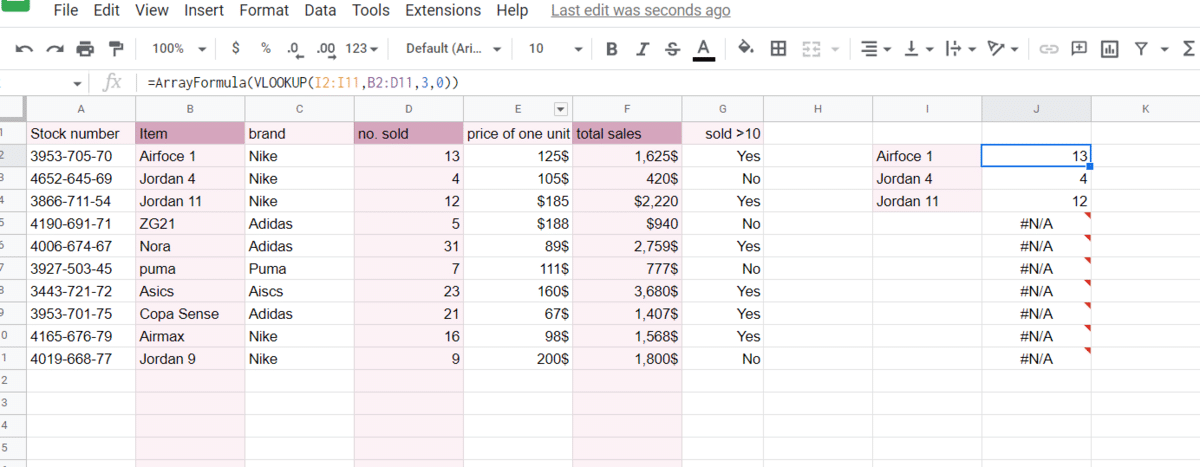 N/A errors from a Google Sheets ARRAYFORMULA