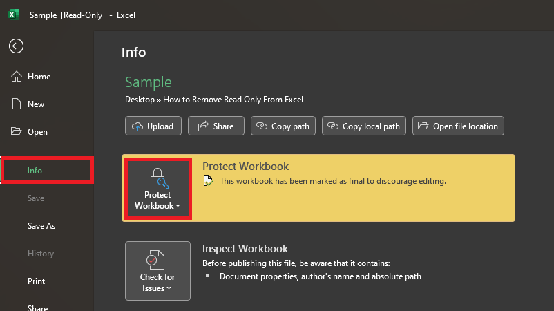 Click protect worksheet under the info section