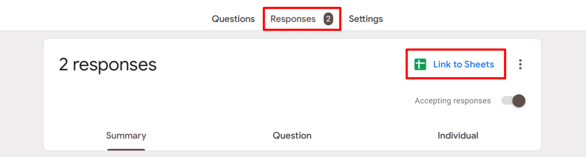 Where to find the "Link to Sheets" option in Google Forms