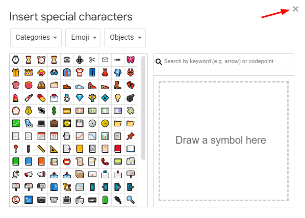 Choosing an Emoji from the Insert Special Characters menu