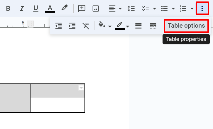 Where to find table options in Google Docs