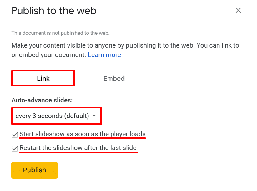 Publishing a Google Slides presentation using a link