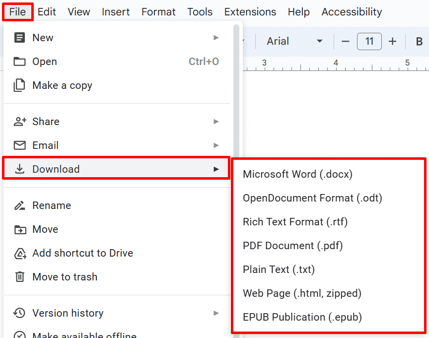 Where to find the download options in Google Docs