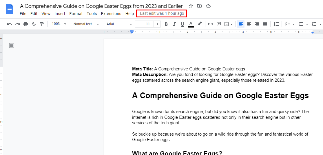 Google Docs—last edit was 1 hour ago