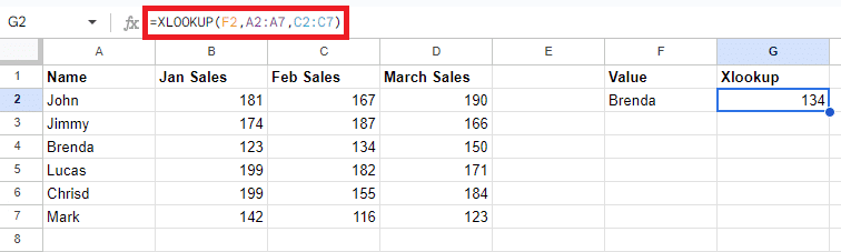 Results of the XLOOKUP formula for an exact match