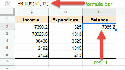 Subtracting in Google Sheets using Formula bar