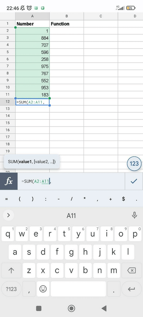 Using the sum function on a mobile device