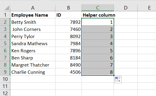 Example worksheet with a helper column