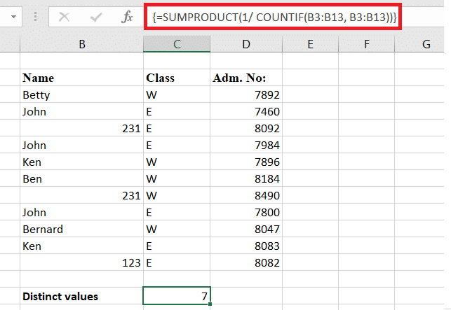 Using the SUMPRODUCT function to count unique values in Excel