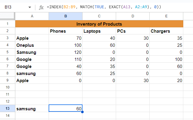 INDEX formula example