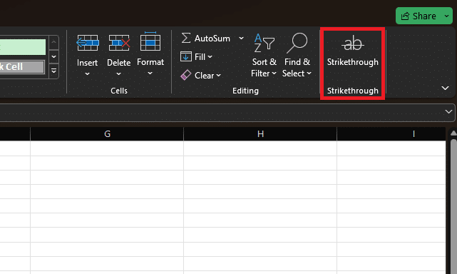 The strikethrough option in the Excel ribbon