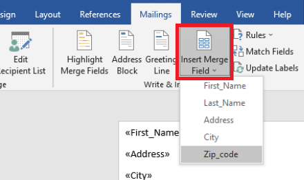 Click on the Insert Merge Field button and select the appropriate fields manually