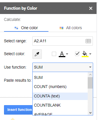 In the add on window you can choose the background color you want to count and add the formula. In this case we will use the COUNT formula.