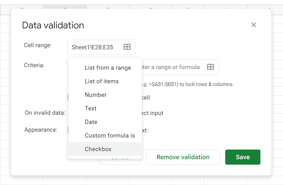 In the data validation window go to the criteria drop down menu and select checkbox