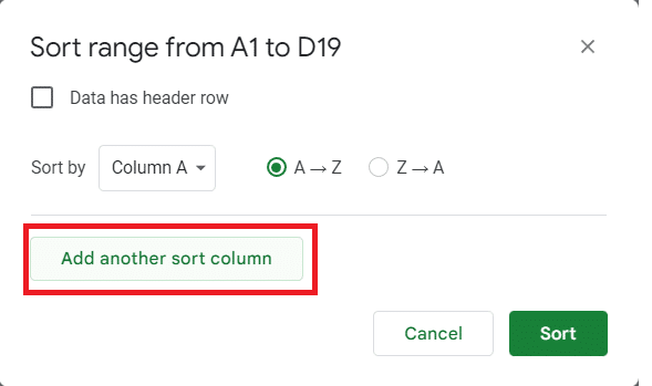 In the dialogue box, click Add another sort column.