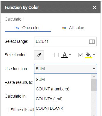 In the drop down menu for use function, choose SUM.