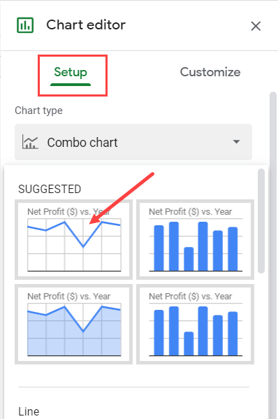 In the setup tab, click on the line chart option in the drop down