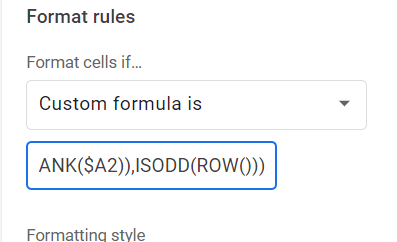 Input the following format: =AND(NOT(ISBLANK($A2)),ISODD(ROW())).