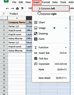 Insert 3 columns to the left