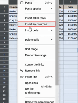 Insert many columns at once using right click