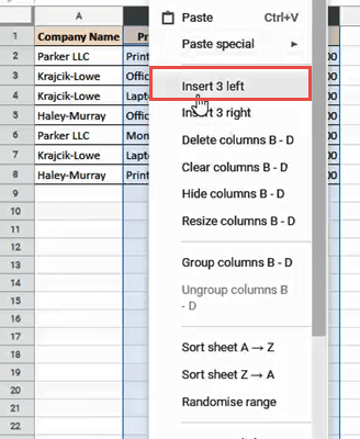 Insert three columns to the left