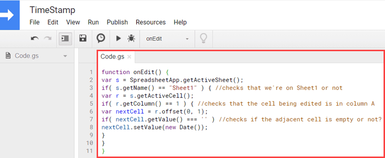 Insert TimeStamp Code in the Script Editor in Google Sheets
