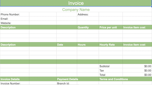 blank invoice template for google sheets