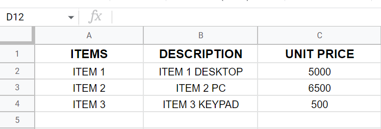 Items purchase order google sheets template