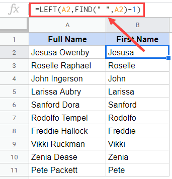 LEFT formula to extract the first name