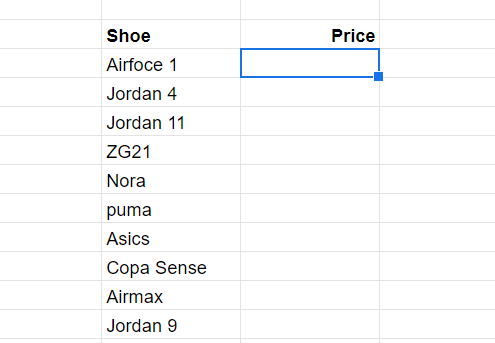 lookup table for the price of each shoe