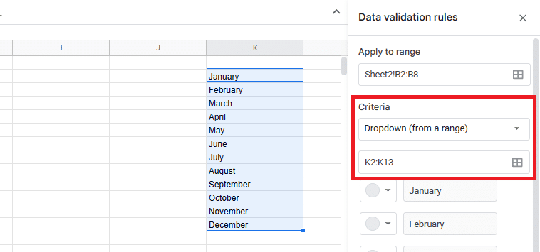 Make a drop down list with Google Sheets Data validation