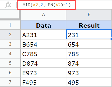 MID function in Google Sheets