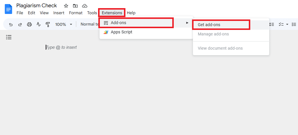 how to check for plagiarism in google docs Navigate to extensions > add-ons > Get add-ons